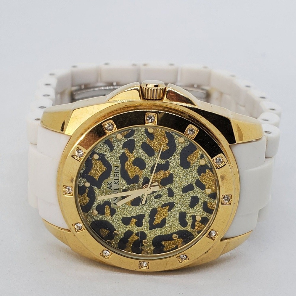 Anne Klein Women's Watch Animal Print Dial White Plastic Band 6.5" New Battery